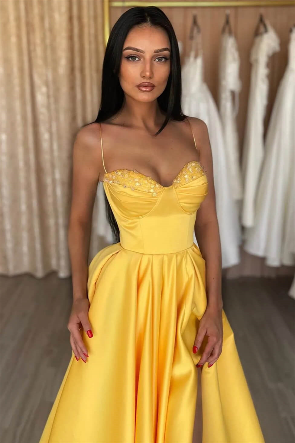 Simple A-line Spaghetti Straps Sequined Sleeveless Prom Dress With Slit-misshow.com