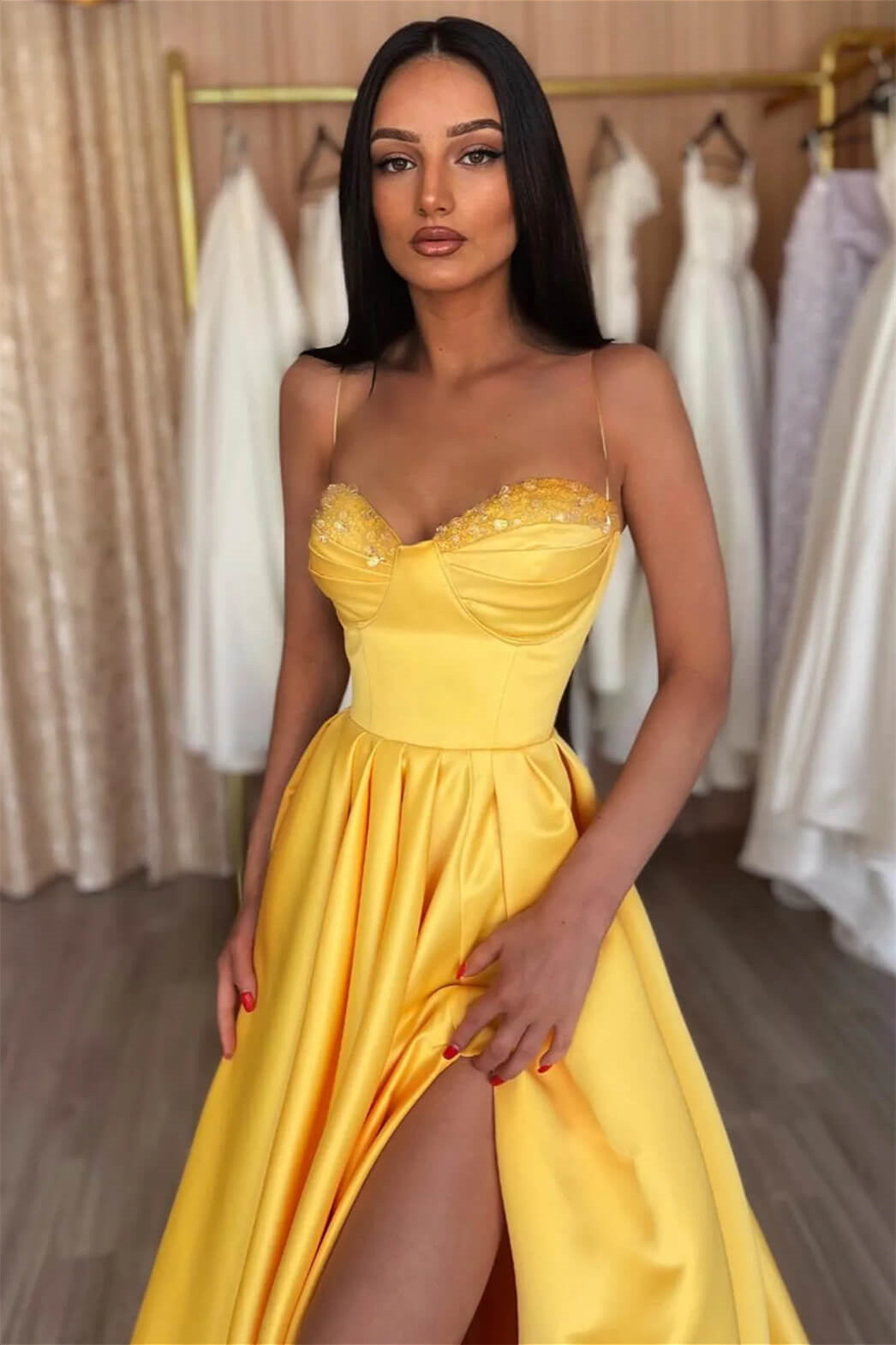 Simple A-line Spaghetti Straps Sequined Sleeveless Prom Dress With Slit-misshow.com