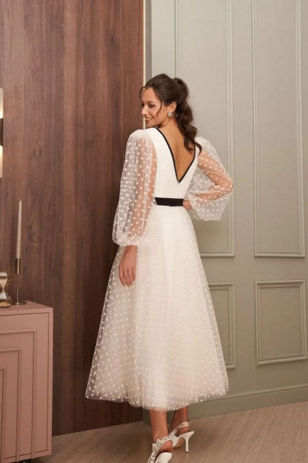 Simple Ankle-Length V-neck Wedding Dresses With Long Sleeves-misshow.com