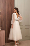 Simple Ankle-Length V-neck Wedding Dresses With Long Sleeves-misshow.com