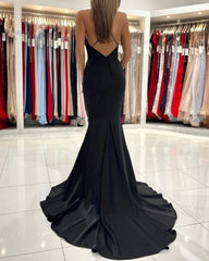 Simple Black Long Spaghetti Straps Mermaid Prom Evening Dresses-misshow.com