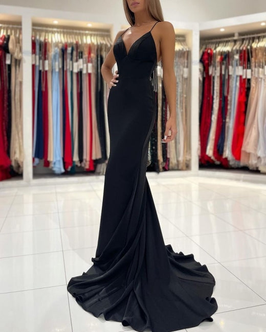 Simple Black Long Spaghetti Straps Mermaid Prom Evening Dresses-misshow.com