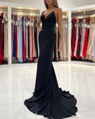 Simple Black Long Spaghetti Straps Mermaid Prom Evening Dresses-misshow.com