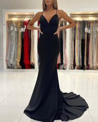 Simple Black Long Spaghetti Straps Mermaid Prom Evening Dresses-misshow.com