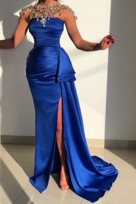 Simple Blue Strapless Sleeveless Mermaid Floor-Length Satin Prom Dresses-misshow.com
