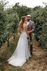 Simple Boho A-line V-neck Backless Sleeveless Wedding Dresses With Lace-misshow.com