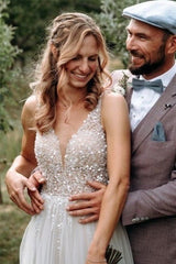 Simple Boho A-line V-neck Backless Sleeveless Wedding Dresses With Lace-misshow.com