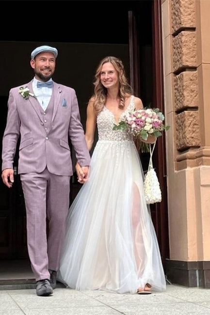 Simple Boho A-line V-neck Backless Sleeveless Wedding Dresses With Lace-misshow.com