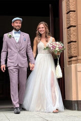 Simple Boho A-line V-neck Backless Sleeveless Wedding Dresses With Lace-misshow.com