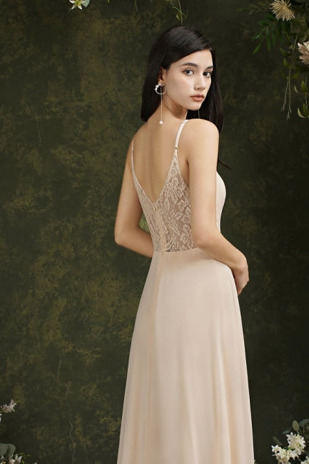Simple Champagne Spaghetti Straps Sleeveless A-Line Satin Prom Dresses with Ruffles-misshow.com