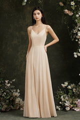 Simple Champagne Spaghetti Straps Sleeveless A-Line Satin Prom Dresses with Ruffles-misshow.com