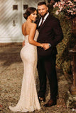 Simple Champagne Strapless Sequins Column Prom Dresses with Slit-misshow.com