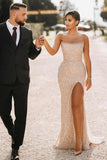 Simple Champagne Strapless Sequins Column Prom Dresses with Slit