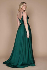 Simple Green Spaghetti Straps Sleeveless Column Satin Prom Dresses with Ruffles-misshow.com