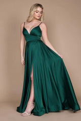 Simple Green Spaghetti Straps Sleeveless Column Satin Prom Dresses with Ruffles-misshow.com