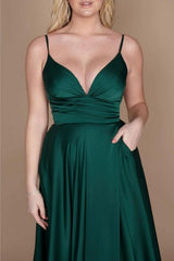Simple Green Spaghetti Straps Sleeveless Column Satin Prom Dresses with Ruffles-misshow.com