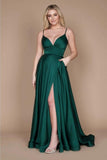 Simple Green Spaghetti Straps Sleeveless Column Satin Prom Dresses with Ruffles-misshow.com