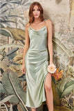 Simple Green Spaghettistraps Sleeveless Mermaid Elastic Woven Satin Bridemaiddresses with Ruffles-misshow.com