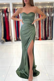 Simple Green Strapless Sleeveless Mermaid Elastic Woven Satin Floor-Length Prom Dresses-misshow.com