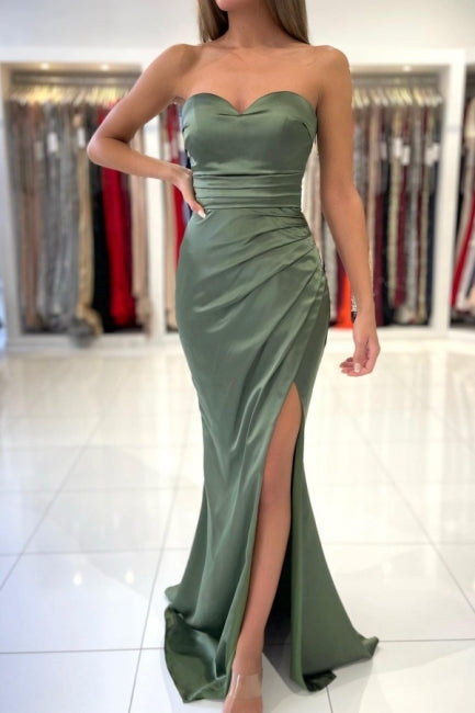 Simple Green Strapless Sleeveless Mermaid Elastic Woven Satin Floor-Length Prom Dresses-misshow.com