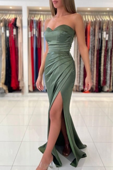 Simple Green Strapless Sleeveless Mermaid Elastic Woven Satin Floor-Length Prom Dresses-misshow.com