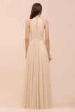 Simple Halter Champagne Slim Long Bridesmaid Dress-misshow.com
