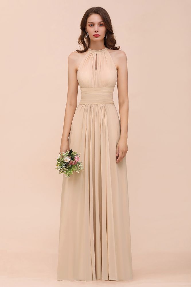 Simple Halter Champagne Slim Long Bridesmaid Dress-misshow.com