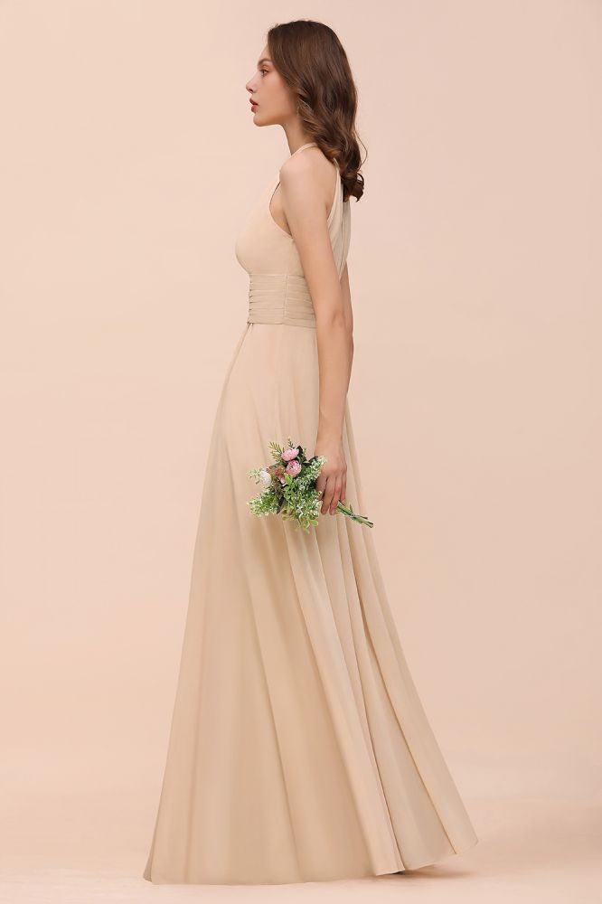 Simple Halter Champagne Slim Long Bridesmaid Dress-misshow.com