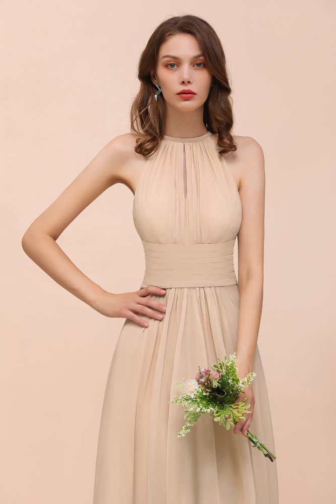 Simple Halter Champagne Slim Long Bridesmaid Dress-misshow.com