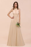 Simple Halter Champagne Slim Long Bridesmaid Dress-misshow.com