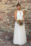 Simple Halter White Sleeveless A-line Tulle Wedding Dress
