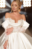 Simple Long A-line Off-the-shoulder Princess Satin Lace Wedding Dresses With Long Sleeves-misshow.com