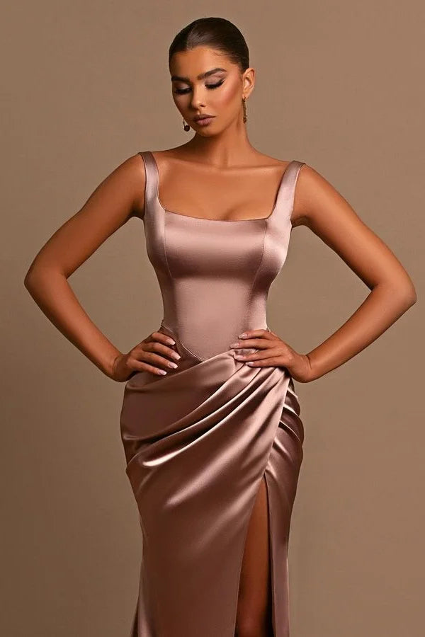 Simple Long A-line Straps Satin Sleeveless Prom Dress With Slit-misshow.com