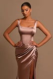 Simple Long A-line Straps Satin Sleeveless Prom Dress With Slit-misshow.com