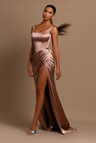Simple Long A-line Straps Satin Sleeveless Prom Dress With Slit-misshow.com
