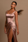 Simple Long A-line Straps Satin Sleeveless Prom Dress With Slit-misshow.com