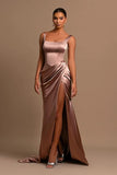 Simple Long A-line Straps Satin Sleeveless Prom Dress With Slit