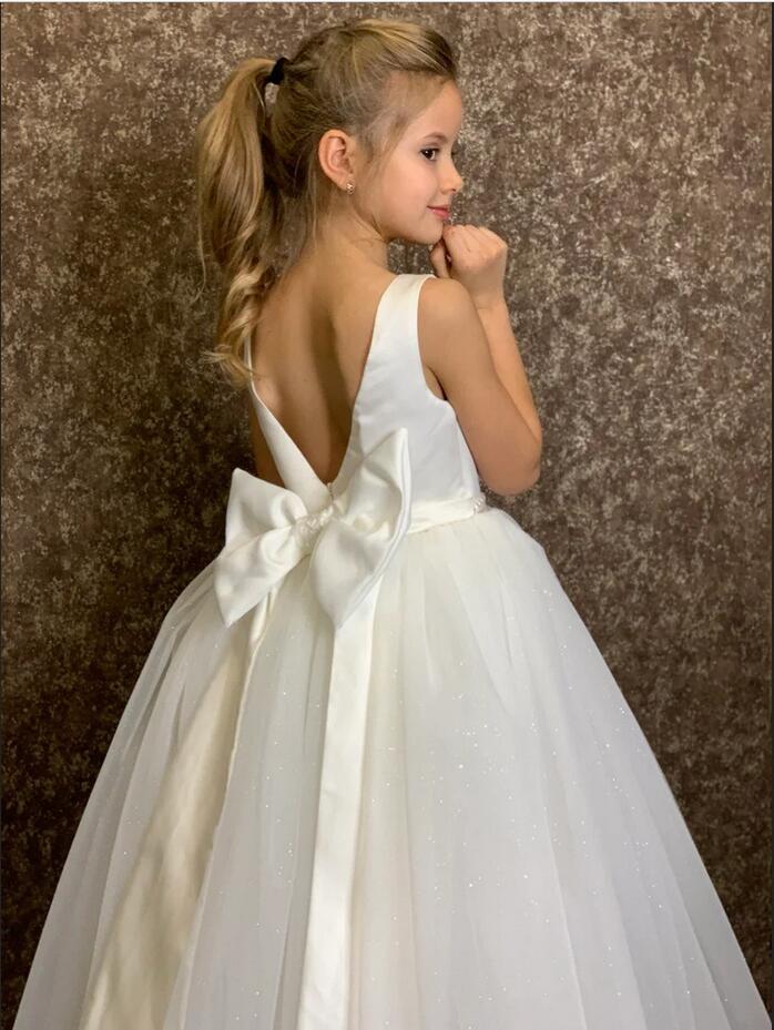 Simple Long A-line Tulle Sleeveless Flower Girl Dresses-misshow.com