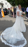 Simple Long A-Line V-neck Long Sleeves Wedding Dresses With Lace-misshow.com