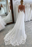 Simple Long A-line V-neck Spaghetti Straps Wedding Dresses With Lace-misshow.com