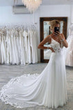Simple Long A-line V-neck Spaghetti Straps Wedding Dresses With Lace