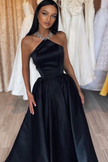 Simple Long Black A-line Halter Satin Sleeveless Prom Evening Dresses