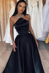 Simple Long Black A-line Halter Satin Sleeveless Prom Evening Dresses