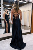 Simple Long Black Mermaid Spaghetti Straps Sequined Sleeveless Prom Dress With Slit-misshow.com
