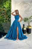 Simple Long Blue A-line One Shoulder Sleeveless Evening Dresses With Slit