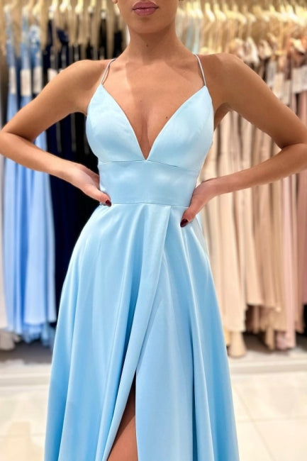 Simple Long Blue A-line V-neck Sleeveless Satin Evening Dress With Slit-misshow.com