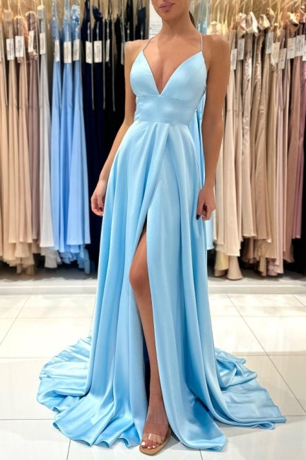 Simple Long Blue A-line V-neck Sleeveless Satin Evening Dress With Slit-misshow.com