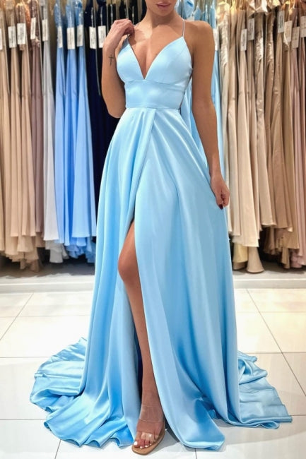 Simple Long Blue A-line V-neck Sleeveless Satin Evening Dress With Slit-misshow.com