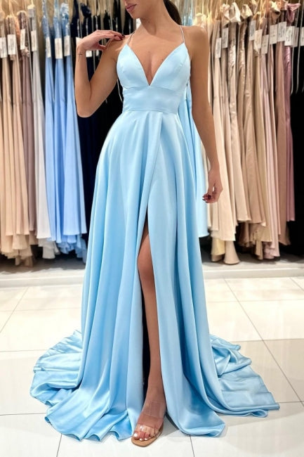 Simple Long Blue A-line V-neck Sleeveless Satin Evening Dress With Slit-misshow.com
