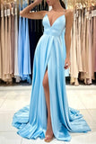 Simple Long Blue A-line V-neck Sleeveless Satin Evening Dress With Slit